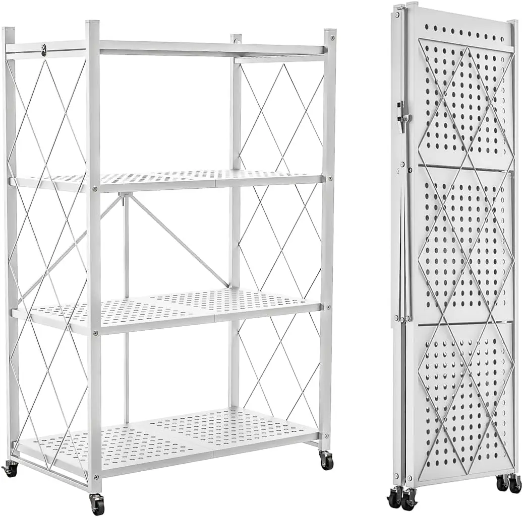 4-Tier Foldable Storage Shelf with Wheels - Metal Collapsible Shelving Unit Display, Rolling Cart for Books Kitchen Storage