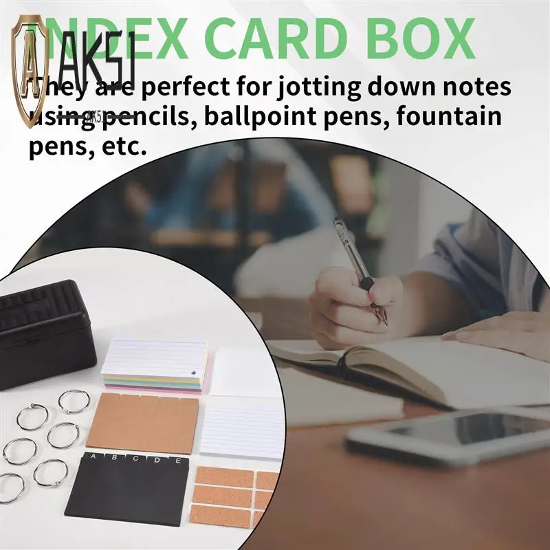 

AK51-Index Card Holder Set,Index Box With 230 Assorted Flashcards, Colourful Lined, 6 Rings And Stickers Perfect For School