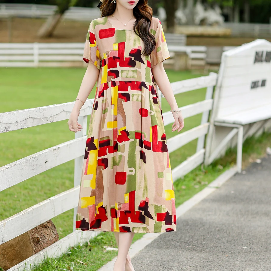 New 2024 Summer Dress Long Vintage Loose Women Elegant Sundress Short Sleeve Dress Casual O-neck Dresses Print Plus Size