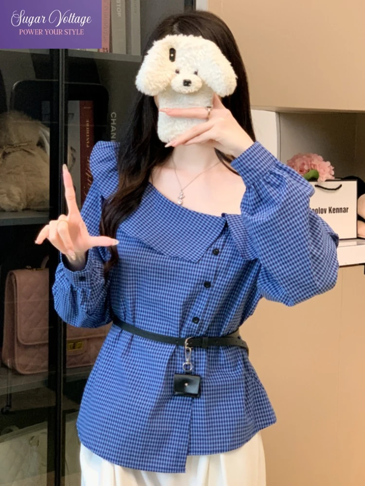 Early Autumn Harajuku Vintage Elegant Plaid Shirts Women Slim Long Sleeve Off Shoulder Belt Button Tops Casual Fashion Blouse