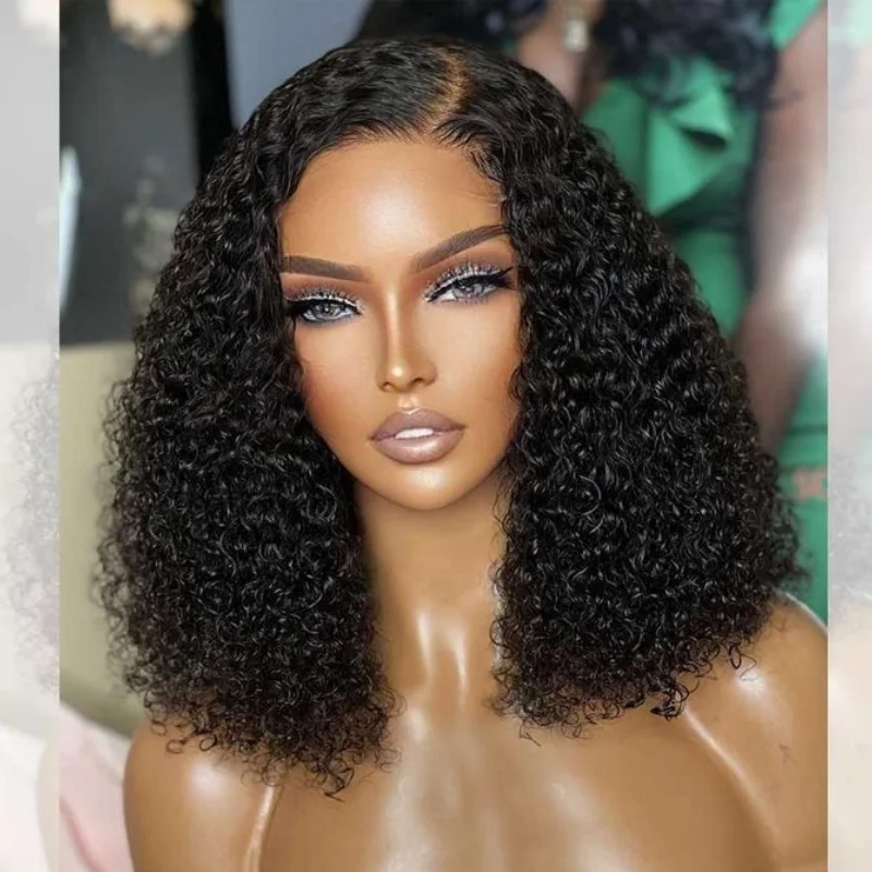 

14Inch Soft Preplucked Short bob Natural Black 180Density Kinky Curly Lace Front Wig Synthetic Glueless Daily Wear Wig