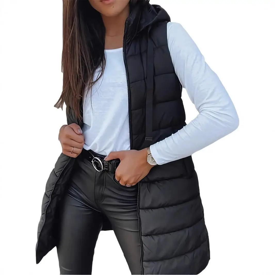 Pure Color Hooded Zipper Cotton Vest Outerwear Women's Mid-Length Large Size Casual Style Fashionable Inner Wear Polyester