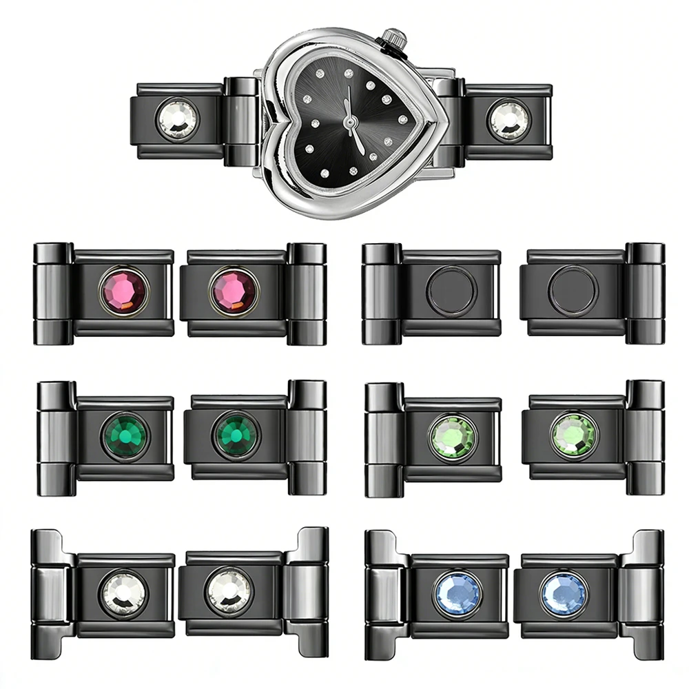 2026 Neues Design Schwarzer Uhrenarmband-Verbinder Zirkonia Italienischer Charm-Anhänger Passend für 9mm Edelstahlperlen zur Schmuckherstellung DIY Geschenke – Detail 1