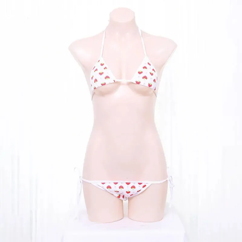 

CyErotic Fun Strawberry Costumes Bra Sexy Lingerie Lolita Kawaii Cosplay Pink White Striped Mini Bikini Women Underwear Japanese