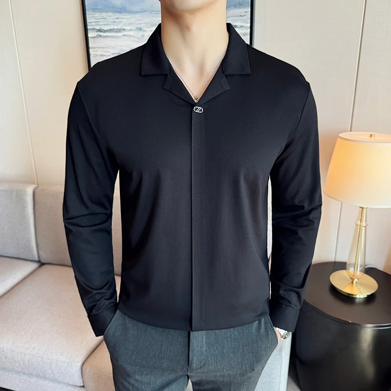 High Elasticity Men Polo Shirt 2024 New British Style Thin Lapel Collar Solid Casual Slim Fit Long Sleeves T-shirt Men Clothing