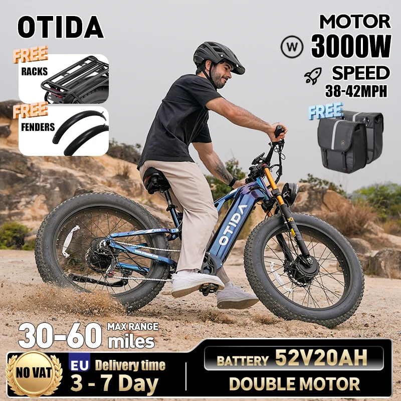 

OTIDA S26 3000W 42MPH Dual Motors Electric Bike 52V20Ah 26 Inch Fat Tire E-Bike Mountain Electric Bicycle Motorcycle for Adult