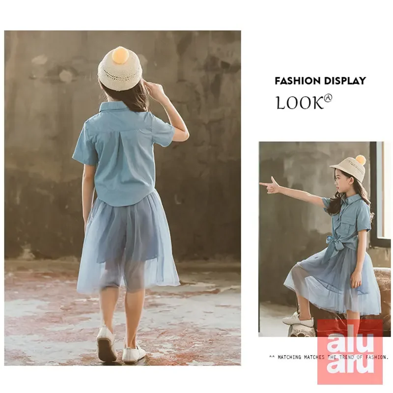 Clothing New Summer Children's Fashion Princess Dress Two-piece Set Medium Children Short Sleeve Girls Denim Mesh Skirt Tide