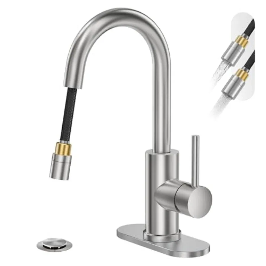 

High Arc Pull Out Sprayer Bathroom Faucet Single Handle Pull Down Faucet with Pop-Up Drain 1 or 3 Hole 2 Model RV Bar Laundry U