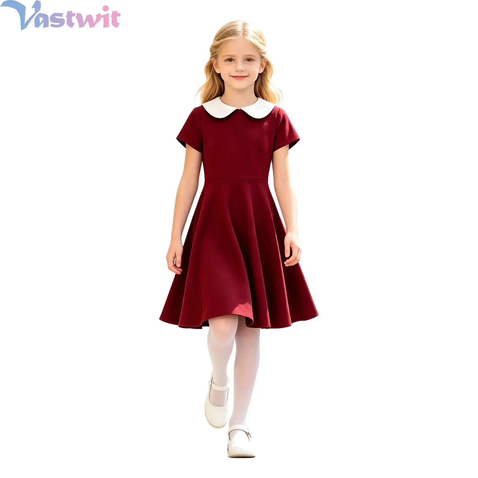 Kids Girls Vintage Flare Dress Short Sleeve Vintage School Girls A‑Line Swing Midi Dresses Children Graduation Ceremony Costume
