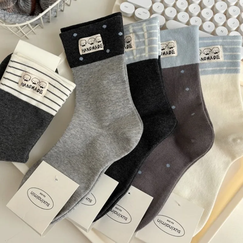 

1 Pair Women Japanese-Style Cartoon Dog Design Cute Striped Cotton Mid-Calf Women's Socks Set High Quality Autumn Winter Socks