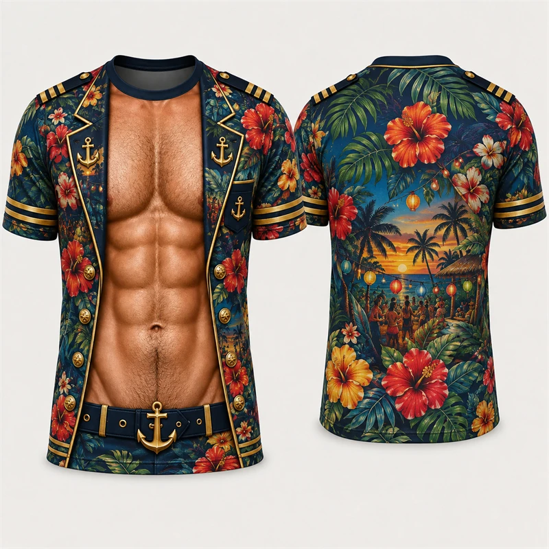 Mens Creative 3D Fake Captain Uniform Muscle Print Short Sleeve T‑Shirt Hawaii Floral Visual Illusion Design Loose Beach Tops