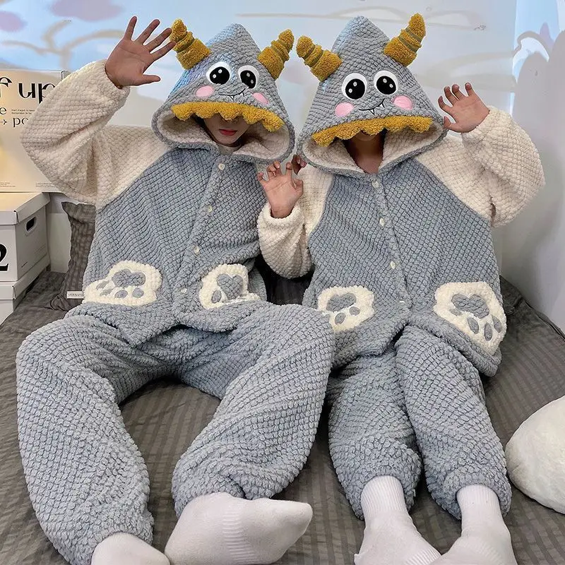 Winter Female Cartoon Nightwear Plush Thickened Jumpsuit Hooded Sleepwear Women Long-Sleeve Keep Warm Cute Pajamas Homewear