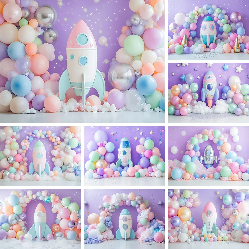 

Photography Backdrop Spaceship Theme Glitter Dots Balloons Tiny Astronauts Kids Birthday Party Decor Photo Studio Background