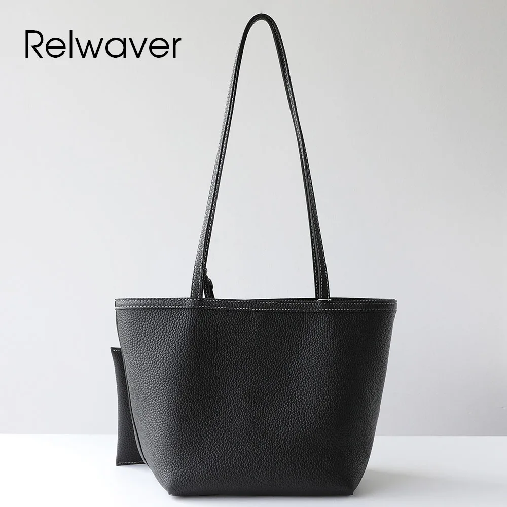 

Relwaver женская сумка-тоут из натуральной кожи, женская черная сумка для покупок, мягкая композитная женская сумка