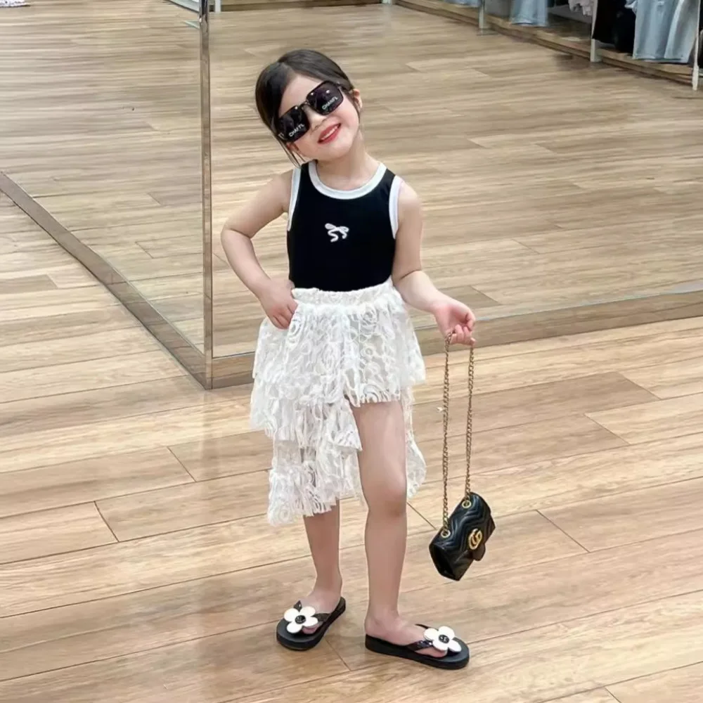 

Girls Set Korea Style 2024 Summer New Solid Color Halter Top Lace Pleated Skirt Two Piece Set Baby Fashion Kids Summer Clothes