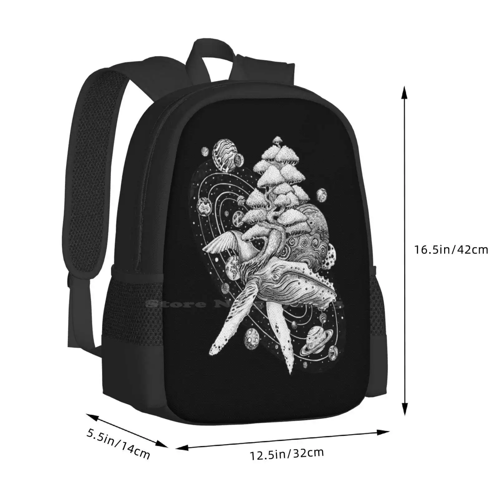 Bolsas escolares de ballena espacial para niñas adolescentes, bolsas de viaje para computadora portátil, ballena, bonsái, árbol, diseño de tatuaje, estilo de tatuaje, planetas, Luna, Saturno