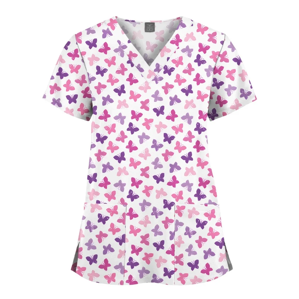 Cartoon Print Pet Doctor Blouse Nurse Uniform Unisex Short Sleeve Hospital Work Tops Surgical Uniforms Nursing Silks Tops Women
