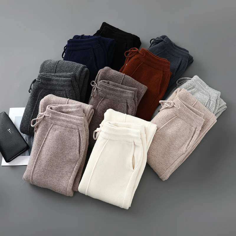 Thick Men's Wool Wide Leg Pants Elastic Waist Trousers Autumn Winter Air Layer Cashmere 100% Merino Wool Knit Smart Casual Pants