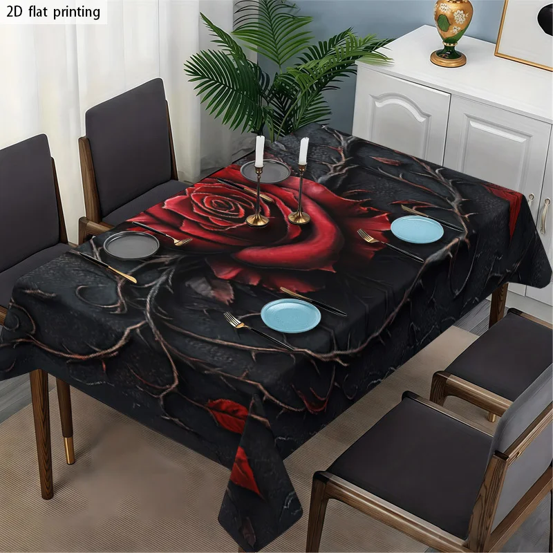 1pc Soft Fashionable Aesthetic Red Rose Thorn Pattern Tablecloth, Machine Washable and Easy to Clean, for Dining Table/Coffee Ta