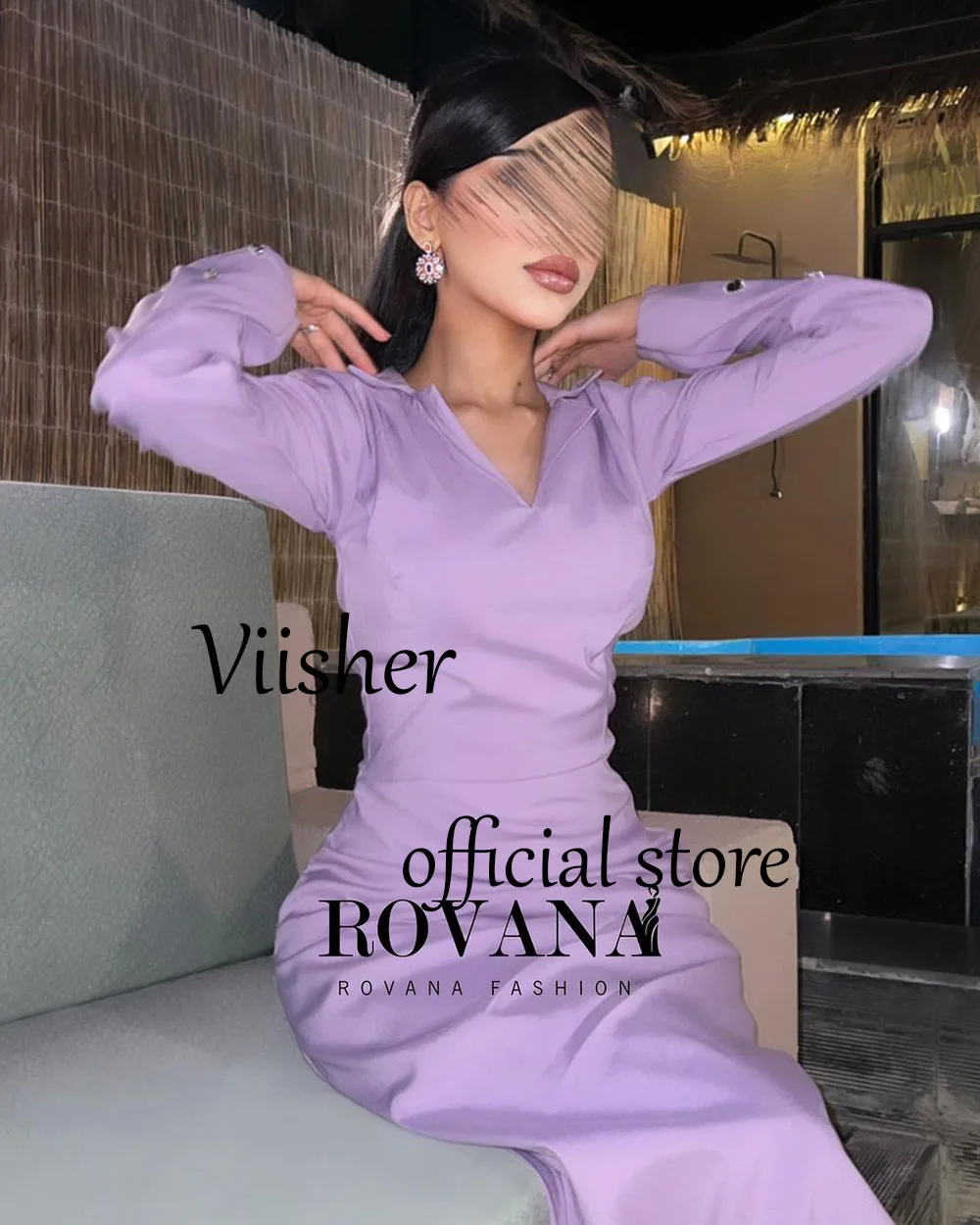 Lavender Satin Mermaid Evening Dresses Long Sleeve V Neck Arabic Dubai Prom Party Dress Ankle Length Formal Occasion Gowns