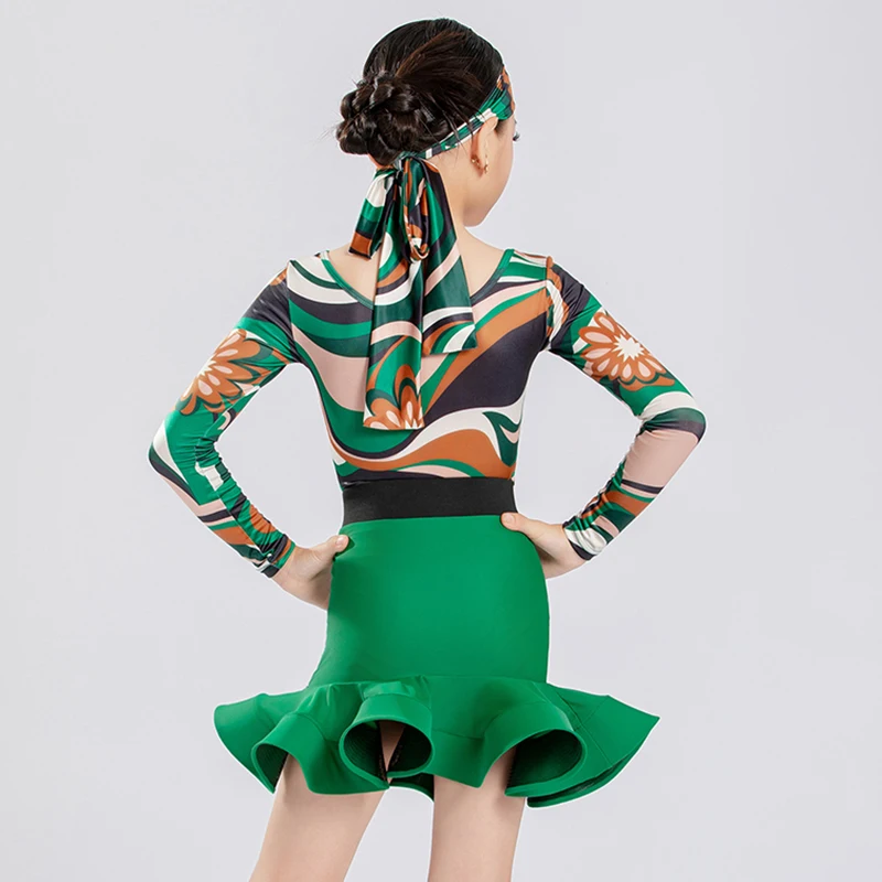 2025 Green Suit Latin Dance Costumes For Girls Print Top Skirt Chacha Tango Dress Kids Latin Stage Performance Dress