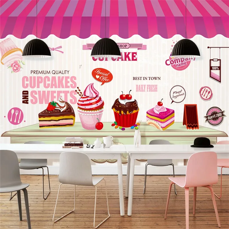 European-style Hand-painted Cute Afternoon Tea Cupcake Dessert Shop Mural Wallpaper 3D Snack Bar Wall Paper  Papel De Parede 3d