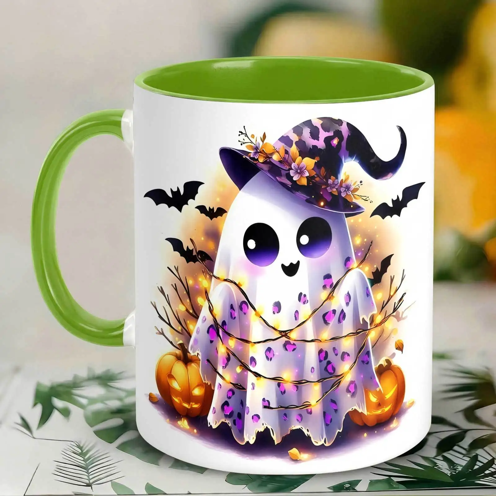 1pc, Cute with Pumpkin, 11oz Color Ceramic Mug, Leopard Print Witch Hat Design, Suitable for Home, Office, Halloween Gift, Tumbler, Local Warehouse, Gifts for Men and Women, Friends.