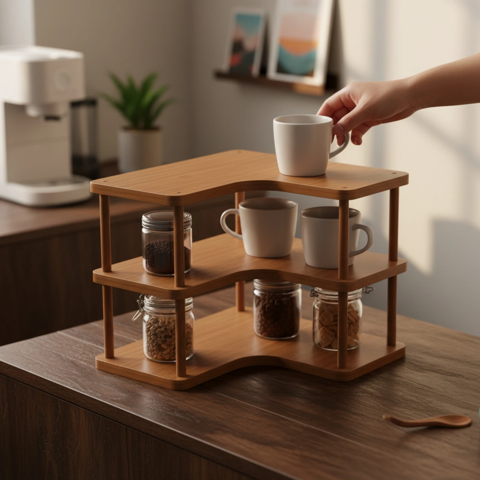 Corner Rack Bamboo Countertop Organizer Desktop Shelf Compact Multifunctional for Coffee Bar