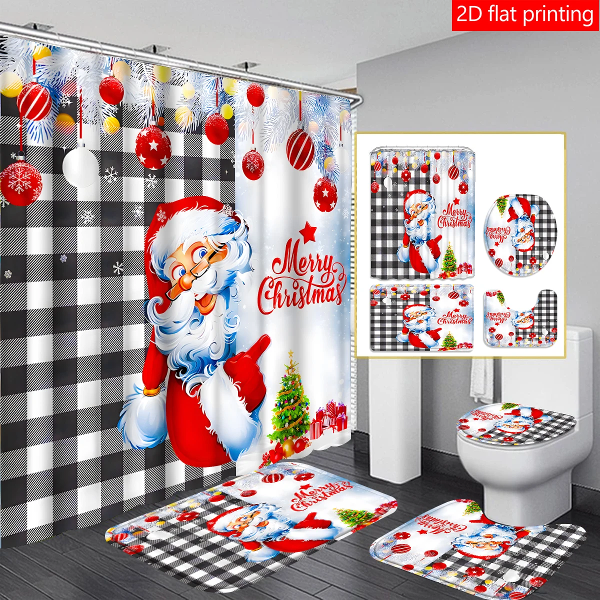 

4pcs Christmas Santa Claus curtain shower curtain decoration, beautiful housewarming gift modern home decoration, waterproof sho