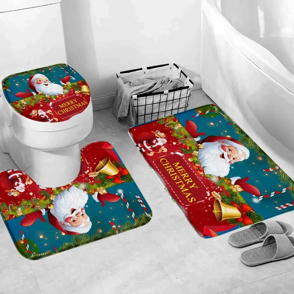 Merry Christmas Bathroom Rug Set Santa\'s Gift Green Pine Bells Happy New Year Bath Mat Toilet Mat Bathroom Rug Set