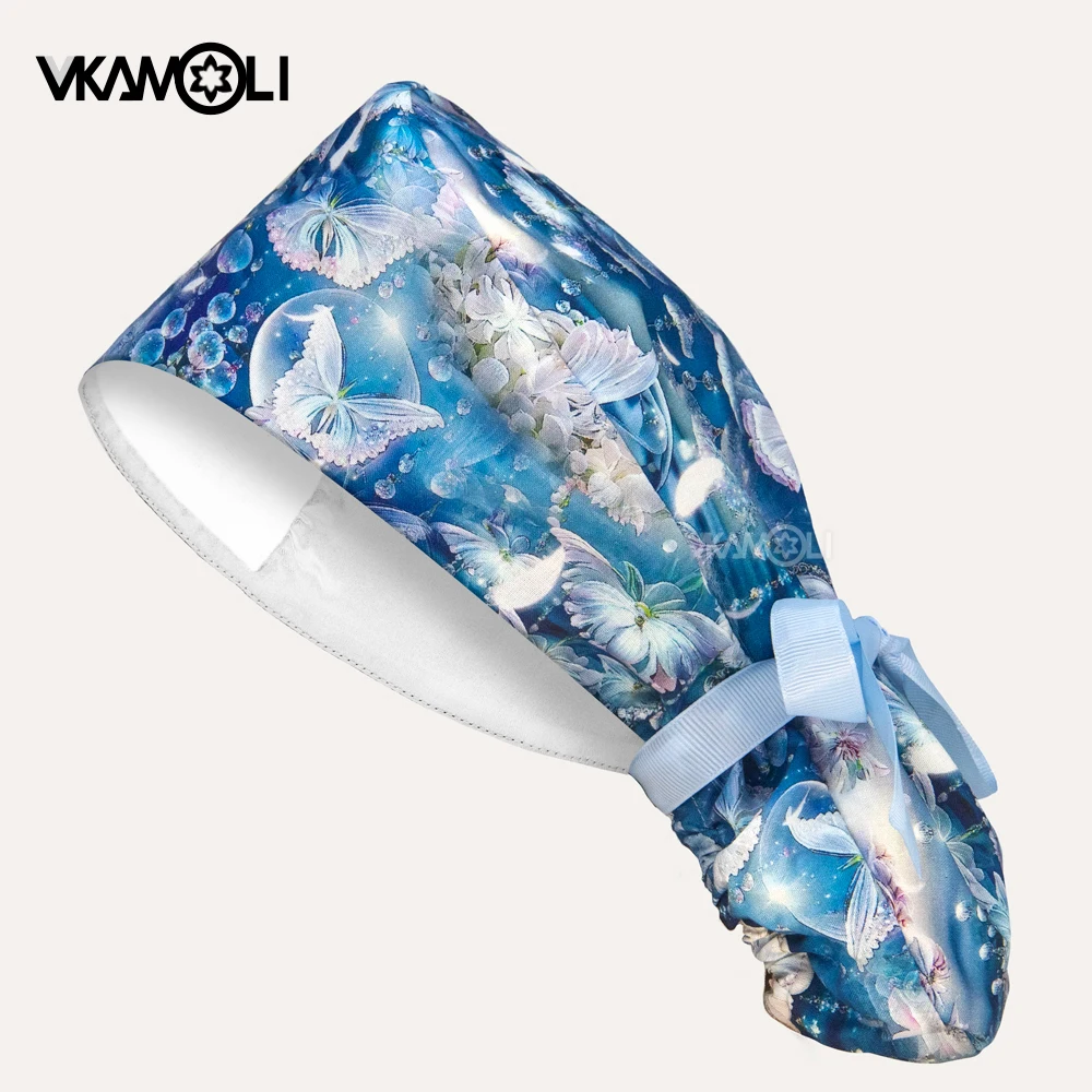 

2025 new Butterfly print women's long hair head cap High quality satin lining Scrub hat doctor nurse ponytail hat