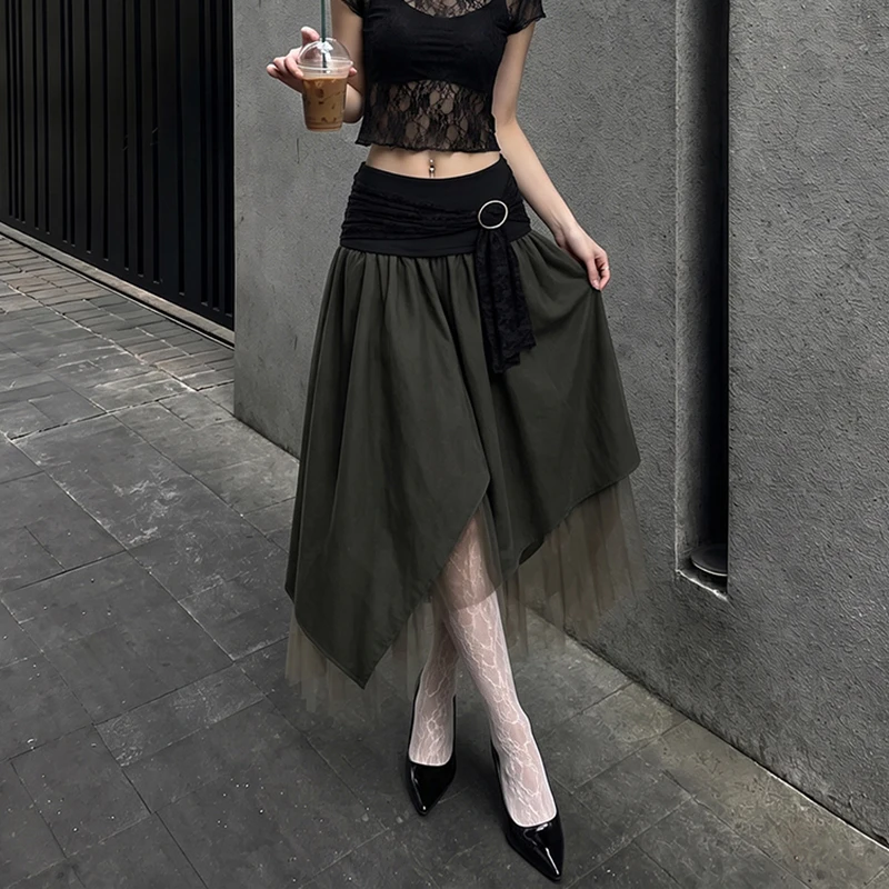 TARUXY Spring Summer Elegance Street Low Rise A Line Irregular Midi Skirt Women Lace Satin Paneling Pleated Ruffle Layered Skirt