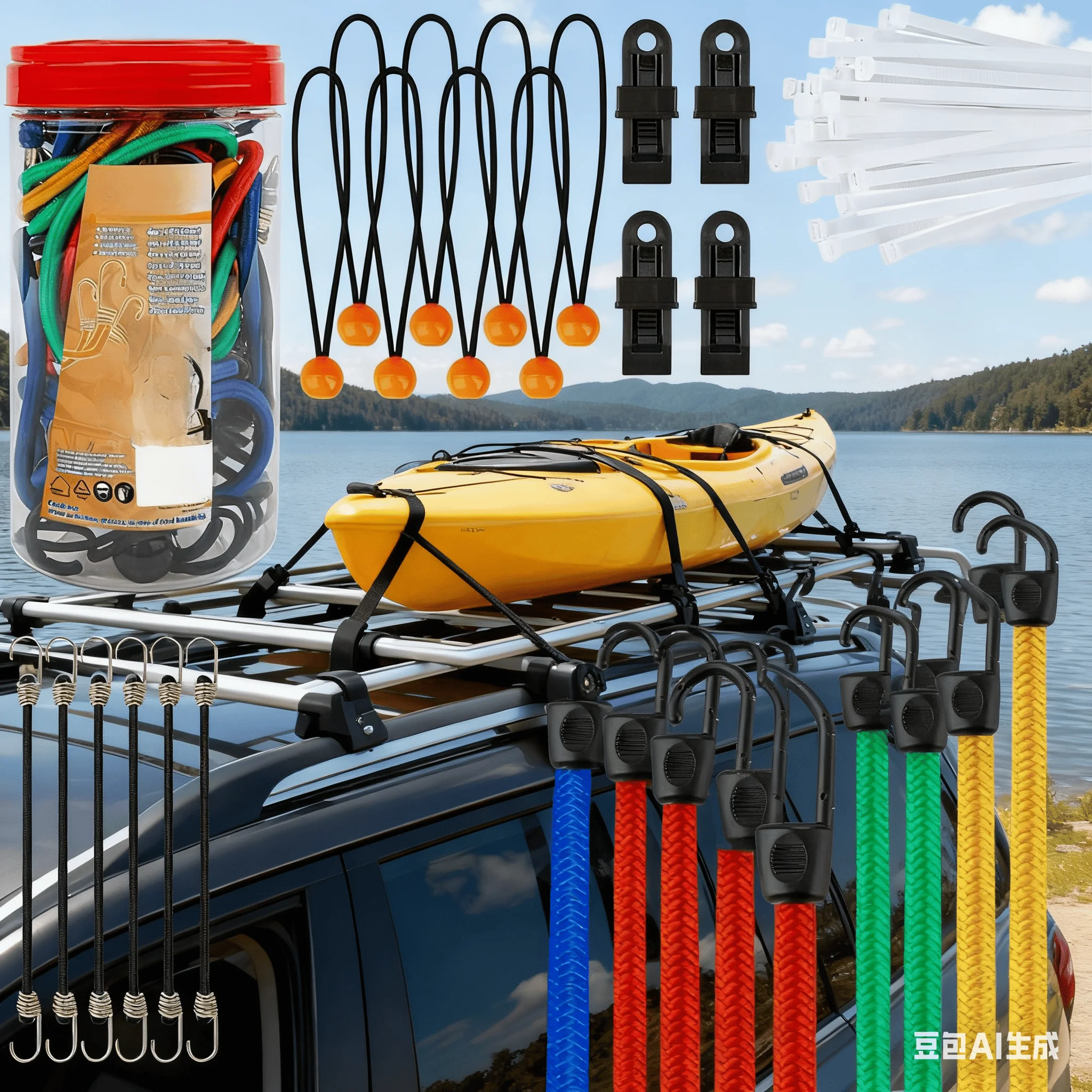 30pcs Bicycle Elastic Strap Kit 45/60/80/100cm Rubber Round High Elastic Tent Binding Rope With Ball Straps ＆ Clips ＆ Mini Cords