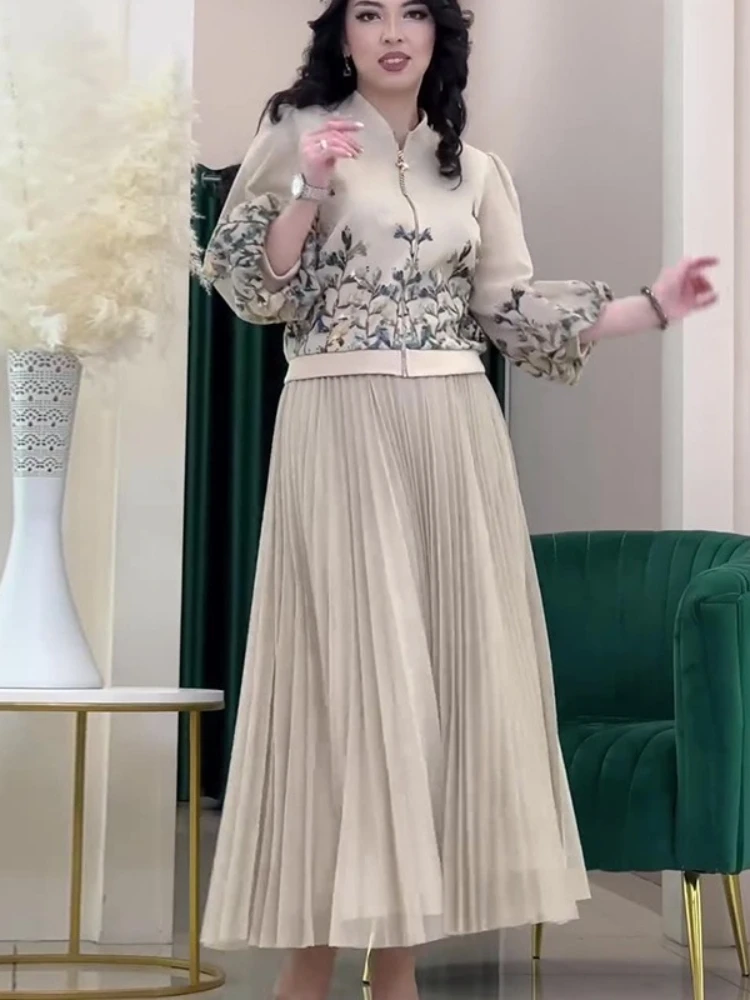 Ensemble Deux Pièces avec Jupe Plissée et Veste à Fermeture Éclair, Tenue Islamique pour Ramadan Eid, Costumes Musulmans, Printemps