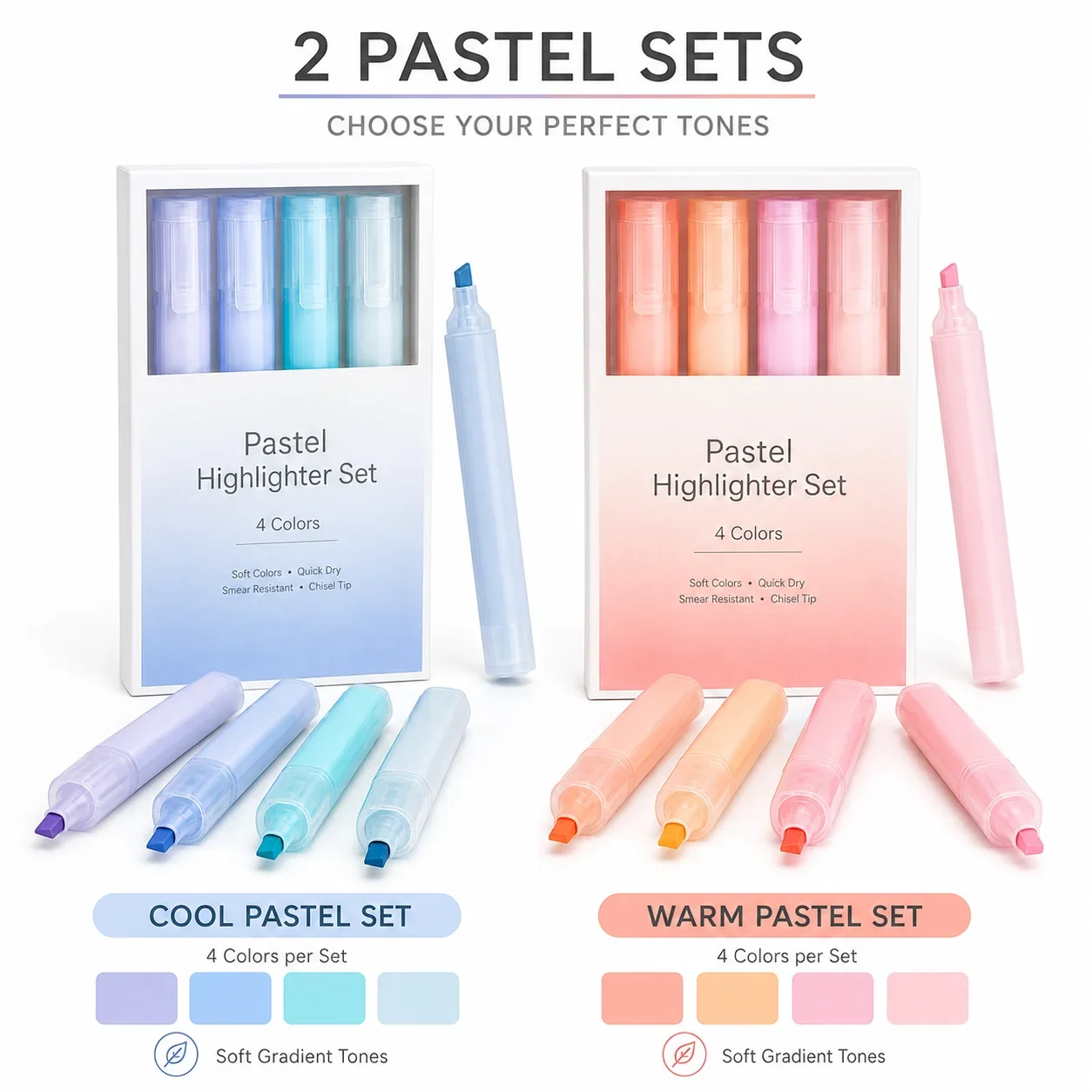 Gradient Highlighters 4 Pack, Soft Pastel Eye-Friendly Colors, Chisel Tip Pens for Note Taking Study