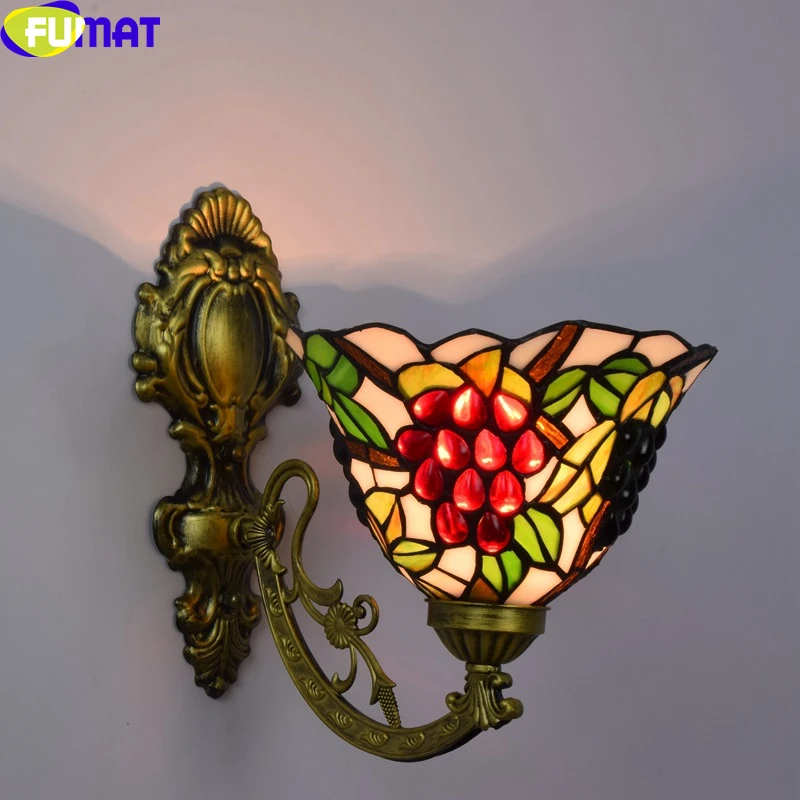Tiffany Retro Mermaid Wall Lamp Vintage Stained Glass Grape Lampshade Wall Mounted Decor Sconce Indoor Bedroom LED Wall Light image 2