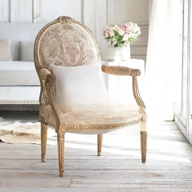 Court Antique Solid Wood Carved Single Sofa Vintage Gold Distressed Lounge Chair