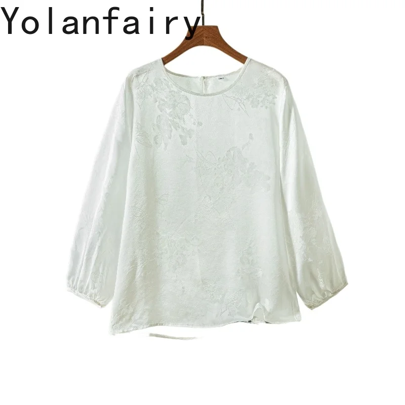 

YOLANFAIRY 100%Real Mulberry Silk Shirts for Women Summer 2026 Fashion Jacquard Satin Blouses Woman Elegant Three Quarter Sleeve