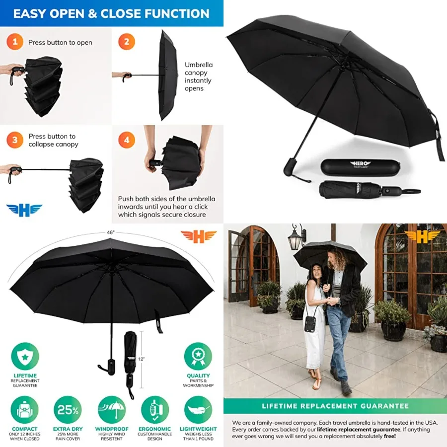 

HERO Windproof Travel Umbrella Premium Auto Open/Close, Lightweight, Compact, Portable Umbrella with 2-Person Coverage for Trav