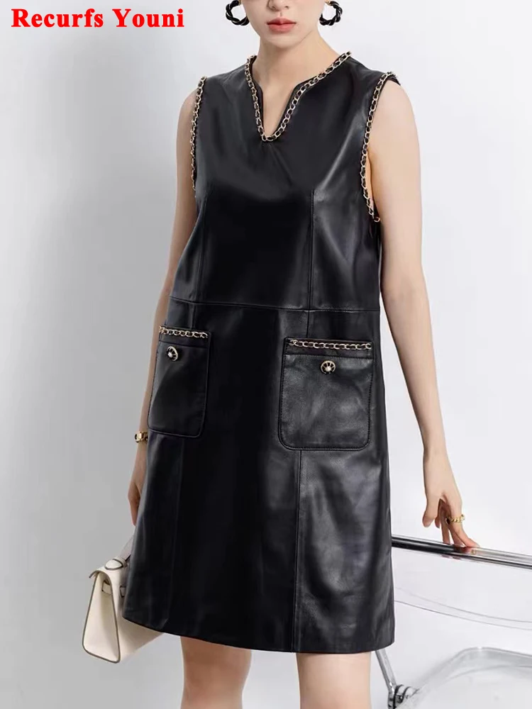 High-Fashion Lambskin A-line Dres for Women Ladies Hepburn Golden Metal Chain Genuine Leather Sleeveless Mini Skirt Streetwear