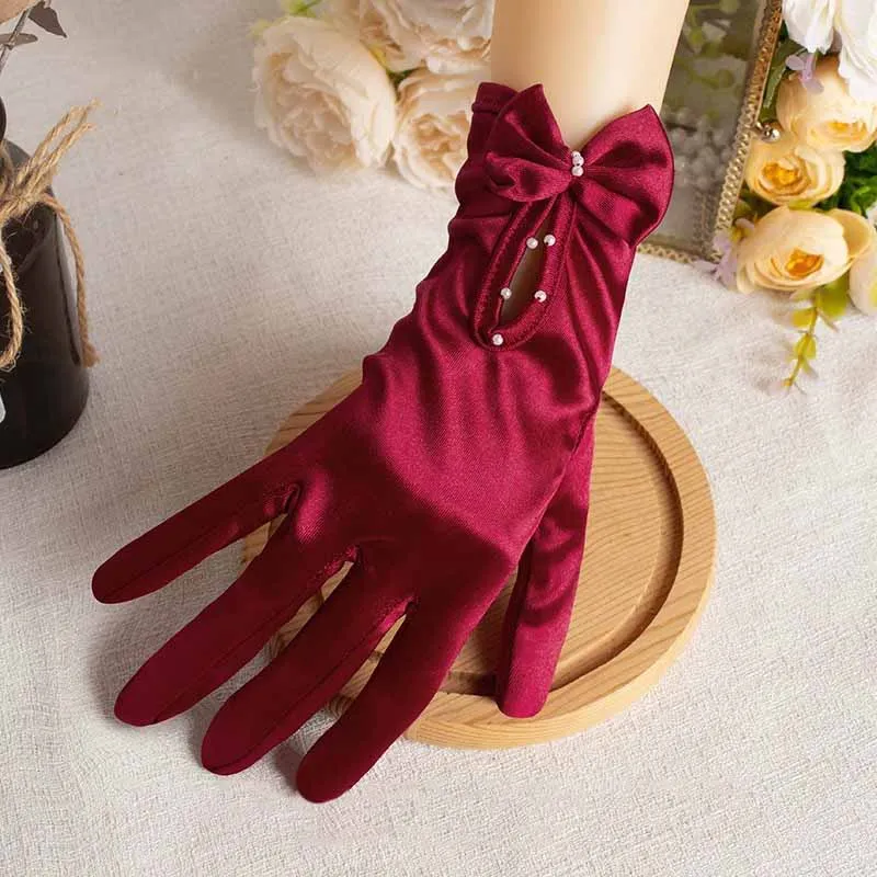 Vestido de novia de satén elegante, guantes cortos rojos para novia, lazo de perlas Retro, fotografía para mujer, etiqueta para graduación, accesorios de rendimiento