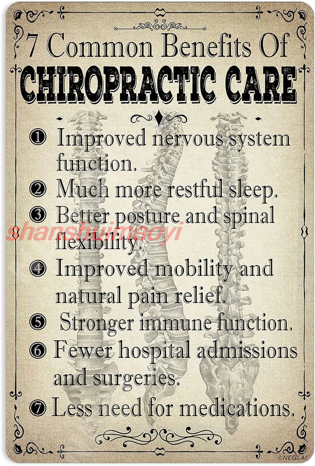 7 Common Benefits of Chiropractic Care Knowledge Metal Signs Poster, Chiropractor Office Wall Decorations Vintage Decor 8x1 KMN