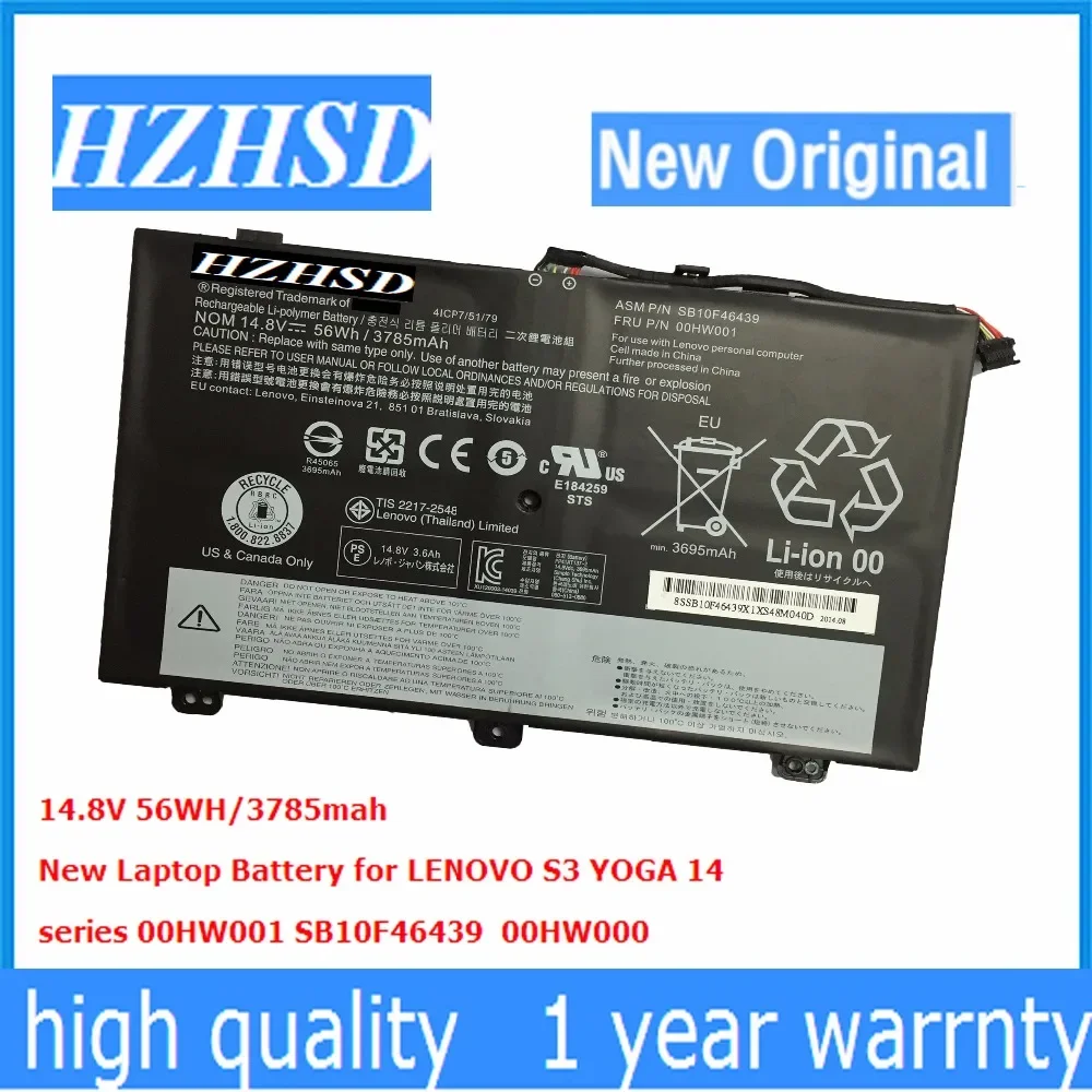 14.8V 56wh New Original 00HW001 SB10F46439 00HW000 Laptop Battery For LENOVO Thinkpad S3 Yoga 14 SB10F46438 14.0 4ICP7/51/79