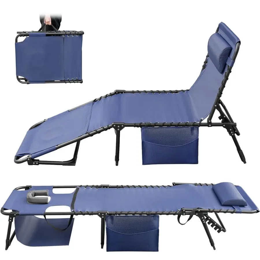 

Chaise Lounge Folding Tanning Chair with 5 Position Adjustable Back, Detachable Pillow amp Pocket for Outside Pool, Beach, Sunb