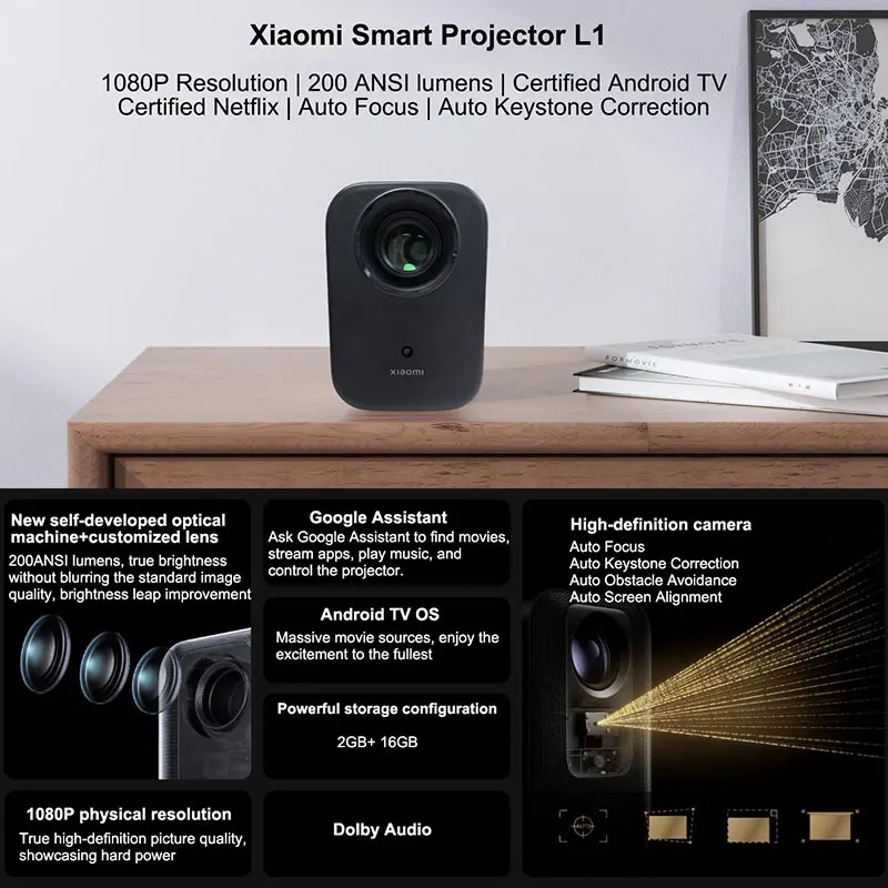 Xiaomi Smart Projector L1, 200 ANSI Android TV OS 1080p Resolution, Auto Focus Auto Keystone Correction, Google Assistant BT5.0