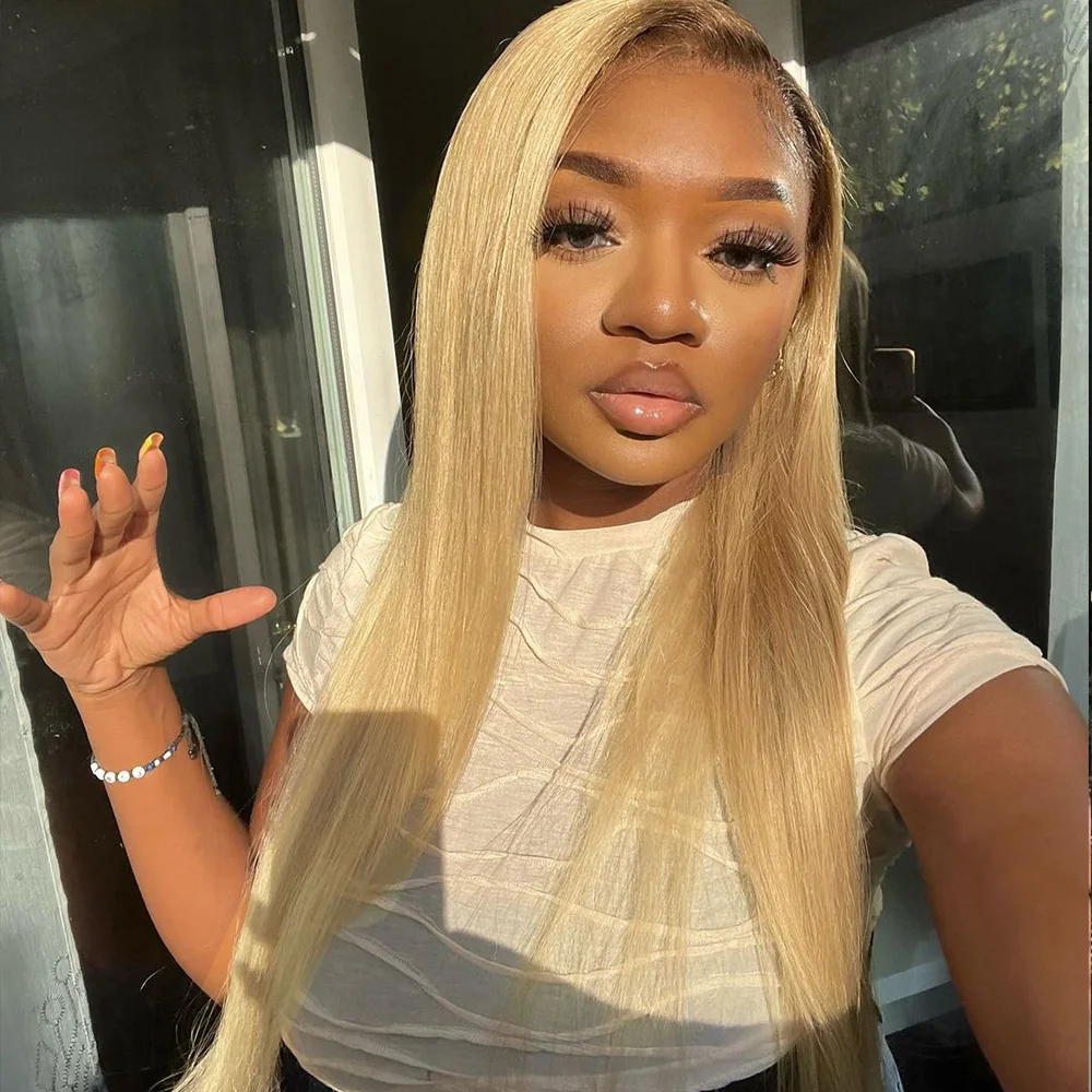 

13x6 Lace Frontal Wig Ash Blonde Wig Colored 27 Straight Human Hair 13X4 Glueless Preplucked Wig With Brown Roots Stripe Wig