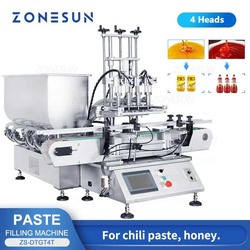 ZONESUN 4 Nozzles Desktop Automatic Viscous Liquid Paste Honey Glue Cream Bottle Piston Filling Machine For Production ZS-DTGT4T