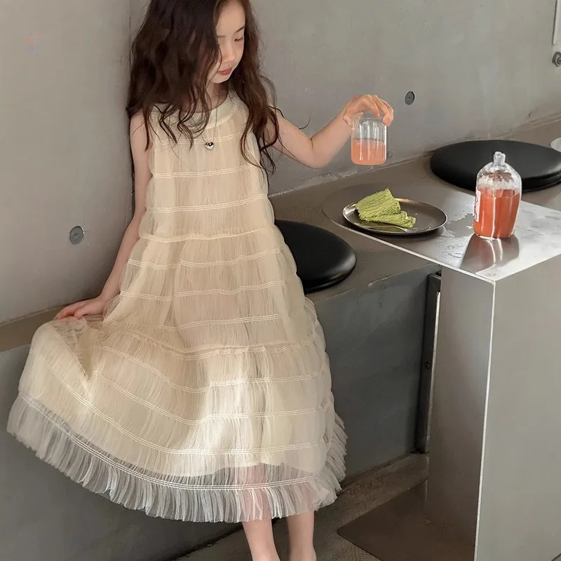 

Girls' Summer 2025 New Style Children's Stylish Sleeveless Vest Dress, Girls' Mesh Solid Color Princess Long Dress