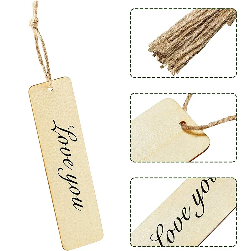 5/10Pcs Unfinished Wood Pieces Wood Blank Bookmarks Rectangle Wooden Gift Tags with Holes Hemp Ropes for Christmas DIY Ornaments