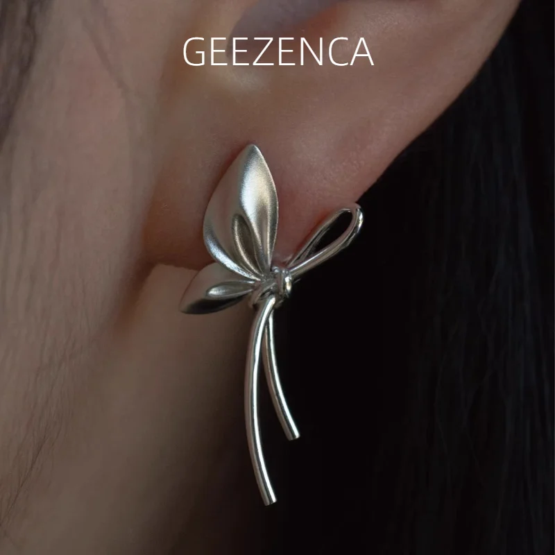 

GEEZENCA 925 Sterling Silver Bow Stud Earrings For Women Designer Trendy Ribbon Bowknot Statement Earrings Luxury Jewelry Gift